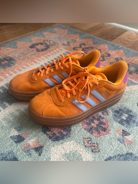 adidas Shoes - Adidas Orange Suede platform Sneakers with baby blue stripes
